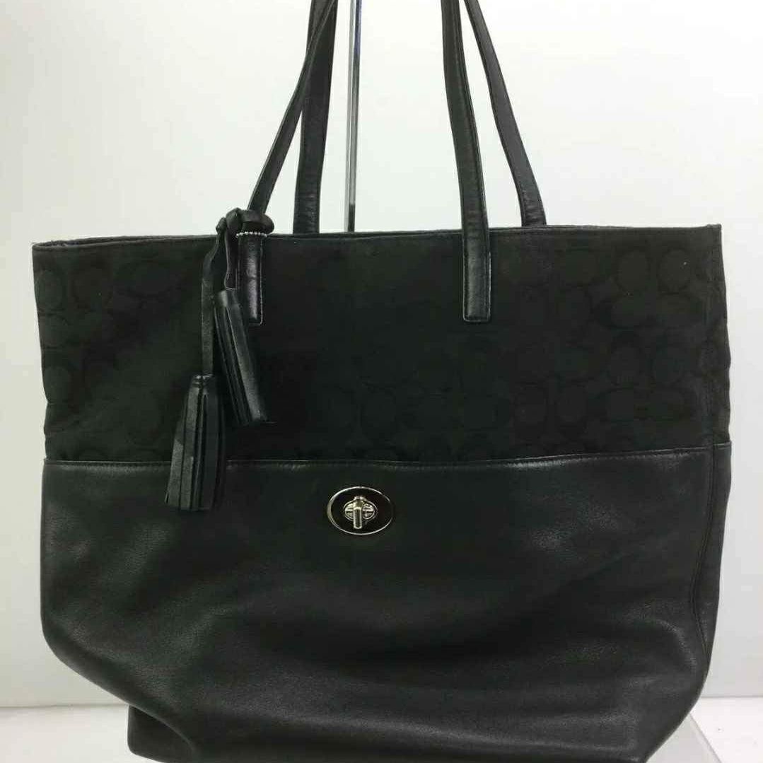 Coach Designer Black Jacquard & Leather Turn Lock Shoulder Tote Purse Handbag